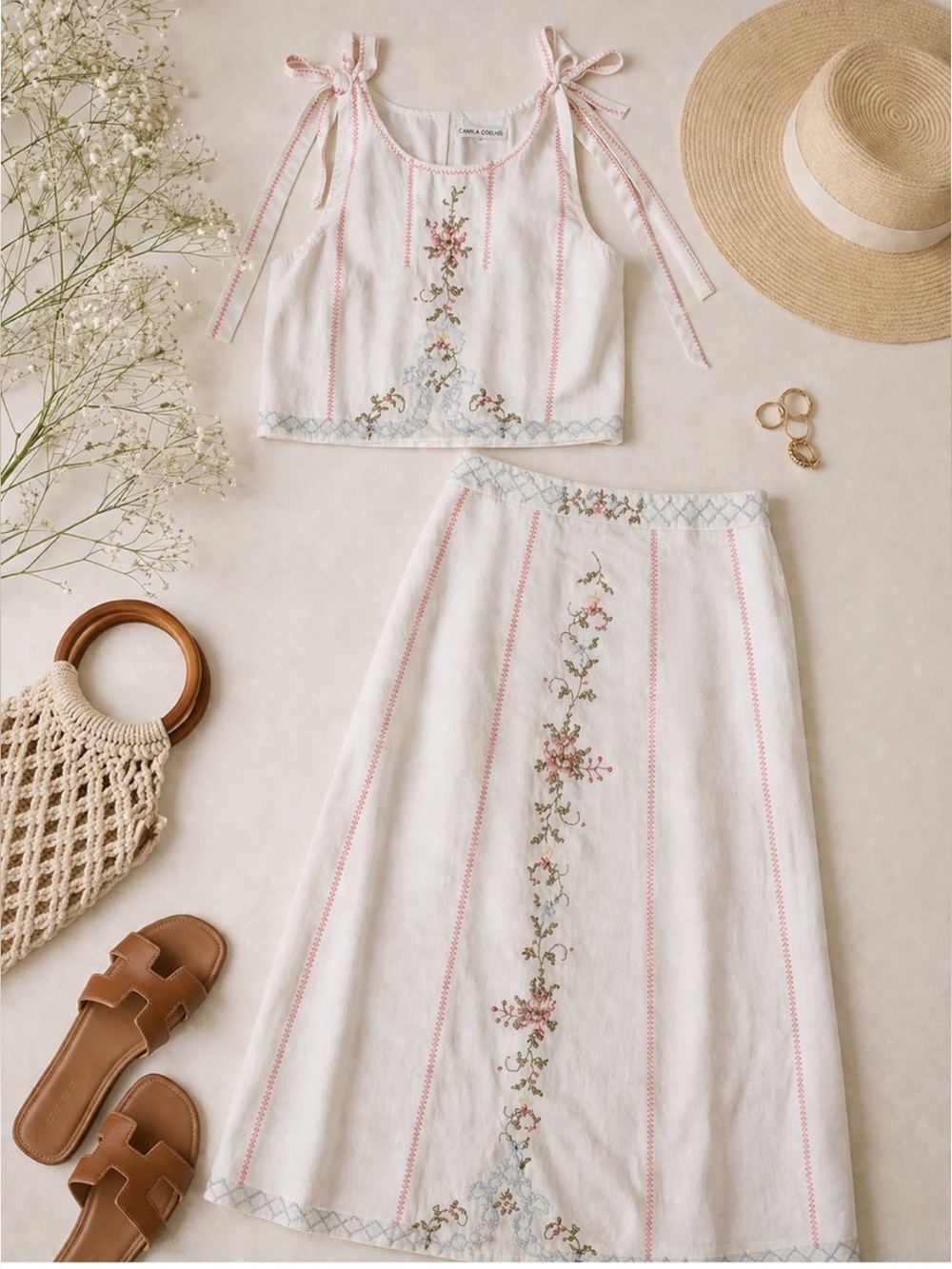 Camila Coelho Cream Floral Embroidered Top and maxi skirt Two-Piece Set (Sezane)